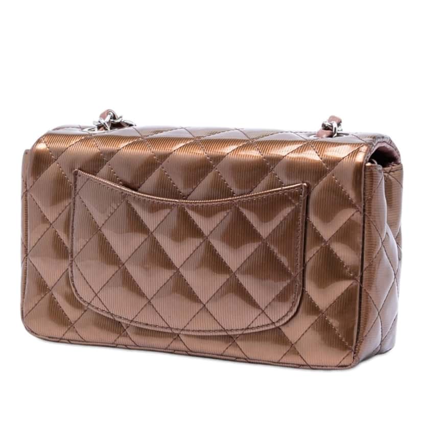 Chanel Mini Rectangular Classic Striated Patent Single Flap Brown Leather Very good condition - Back View