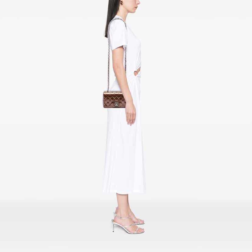 Chanel Mini Rectangular Classic Striated Patent Single Flap Brown Leather Very good condition - Box View