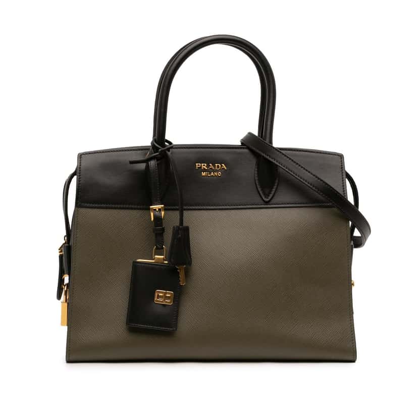 Prada Saffiano And City Calf Esplanade Satchel Green Leather Very good condition - Front View