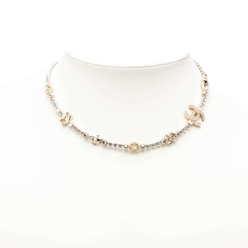 Chanel CC Gold Plated and Brass Strass Charm Necklace Gold Metal Very good condition - Box View
