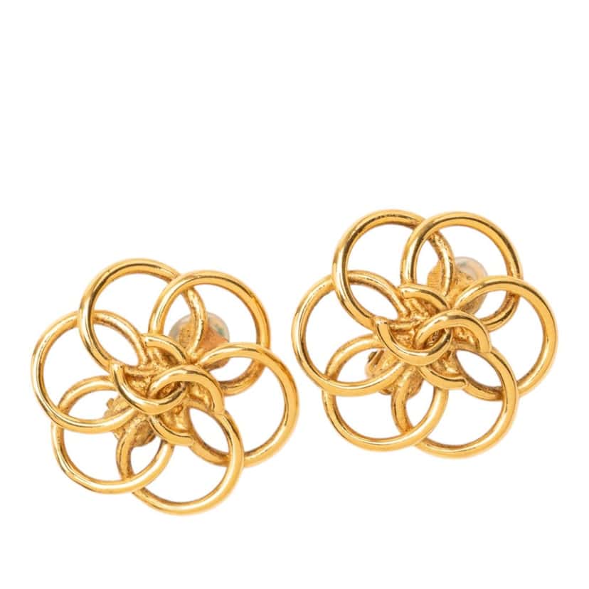 Chanel CC Gold Plated Flower Hoop Clip On Earrings Gold Metal Very good condition - Front View