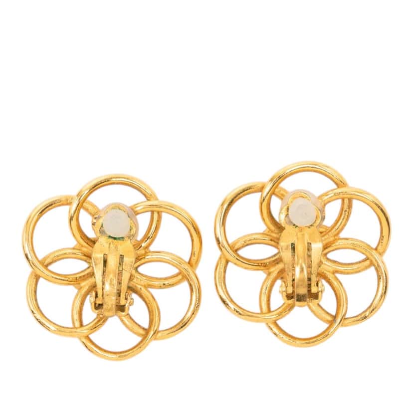 Chanel CC Gold Plated Flower Hoop Clip On Earrings Gold Metal Very good condition - Back View
