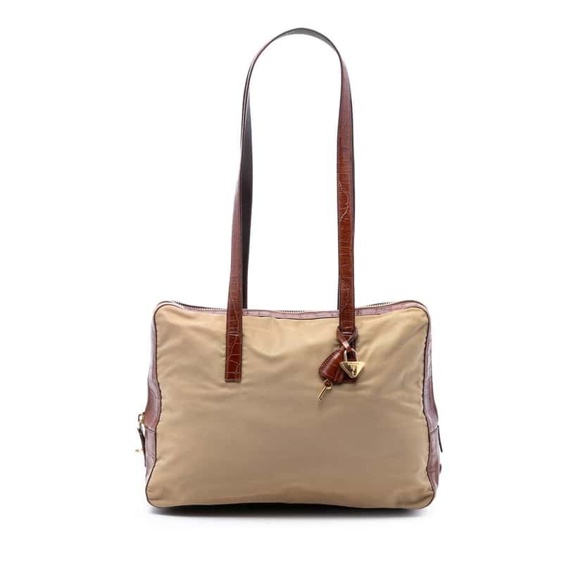 Prada Croc Embossed Leather Trimmed Tessuto Shoulder Bag Beige Very good condition - Front View