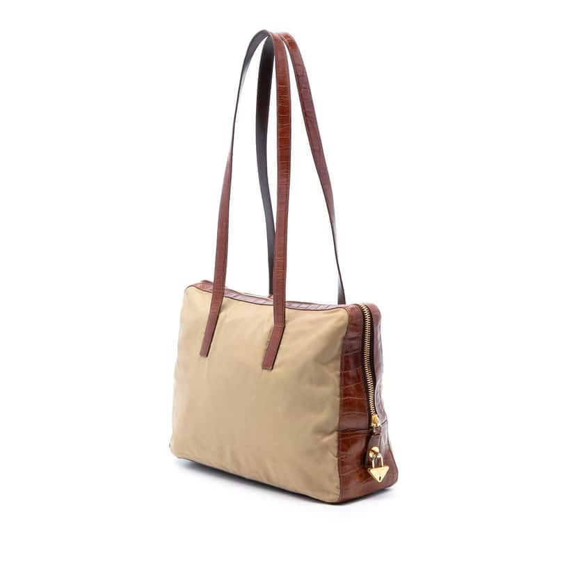 Prada Croc Embossed Leather Trimmed Tessuto Shoulder Bag Beige Very good condition - Back View