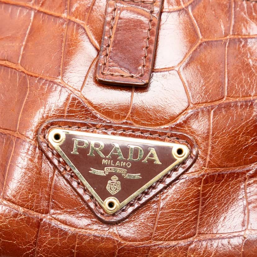 Prada Croc Embossed Leather Trimmed Tessuto Shoulder Bag Beige Very good condition - Box View