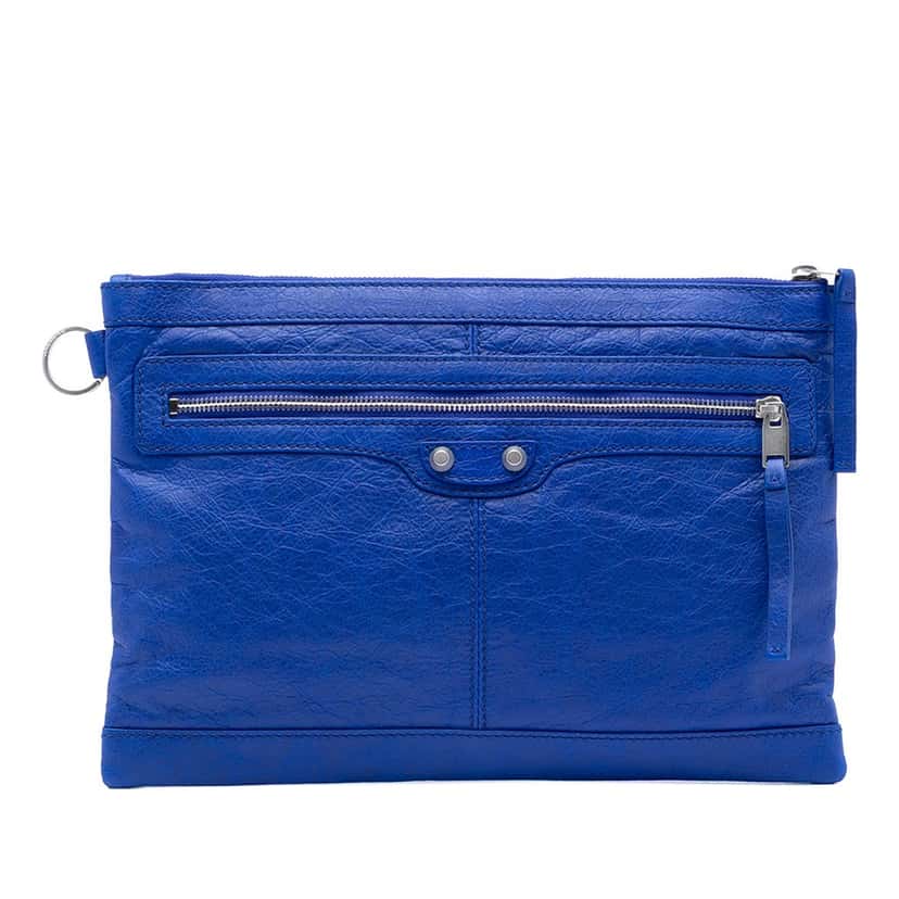 Balenciaga Lambskin Motocross Classic Clip M Clutch Blue Leather Very good condition - Front View