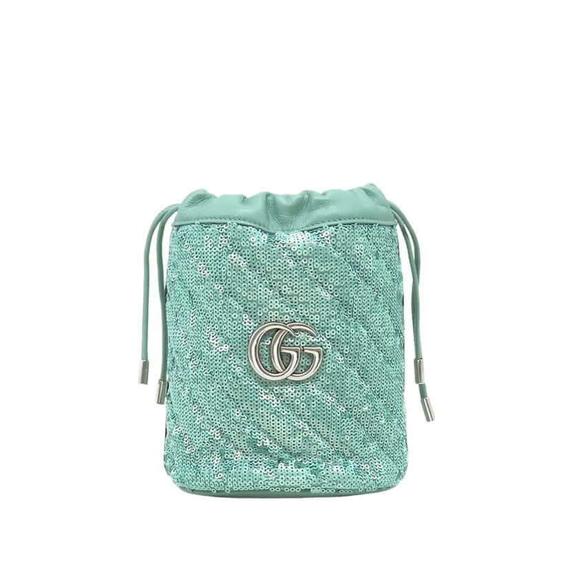 Gucci Small GG Marmont Sequined Diagonal Leather Matelasse Bucket Bag Green Leather Very good condition - Front View
