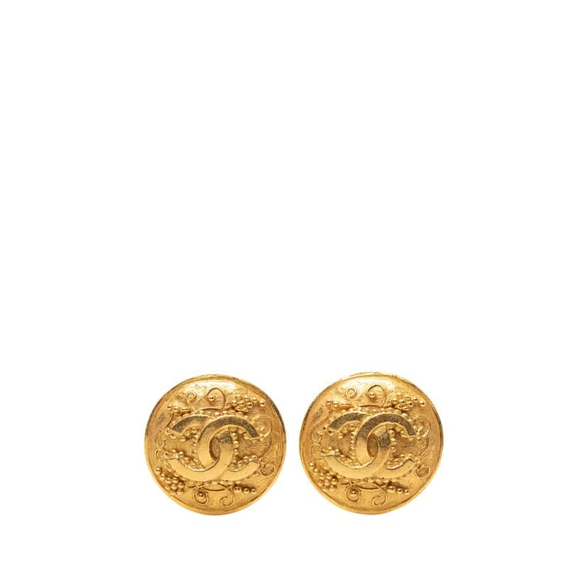Chanel CC Gold Plated Grapevine Round Clip On Earrings Gold Metal Very good condition - Front View