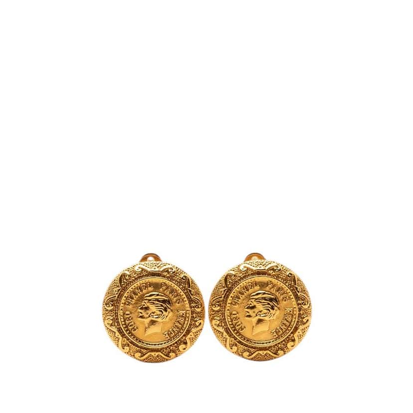 Chanel Gold Plated Coco Profile Round Clip On Earrings Gold Metal Very good condition - Front View