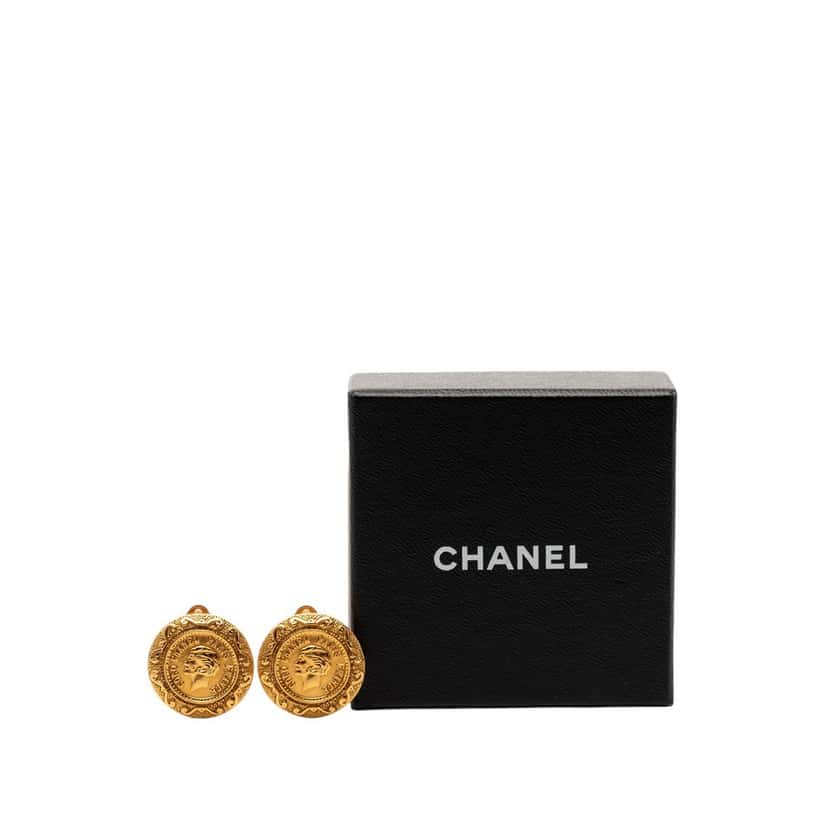 Chanel Gold Plated Coco Profile Round Clip On Earrings Gold Metal Very good condition - Model View