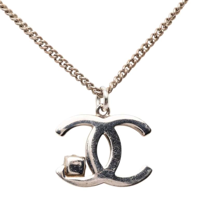 Chanel CC Brass Strass Pendant Necklace Silver Metal Very good condition - Inside View