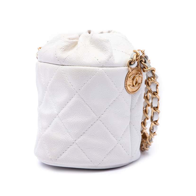 Chanel Mini Quilted Caviar Twist Your Buttons Drawstring Bucket Bag White Leather Very good condition - Back View