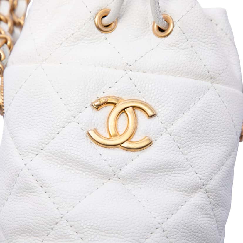 Chanel Mini Quilted Caviar Twist Your Buttons Drawstring Bucket Bag White Leather Very good condition - Box View