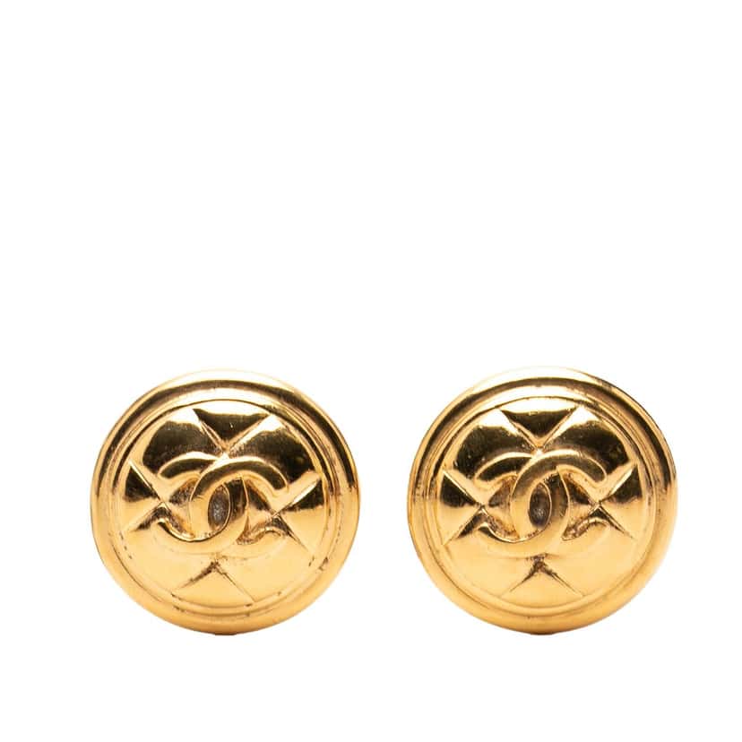 Chanel CC Gold Plated Quilted Round Clip On Earrings Gold Metal Very good condition - Front View