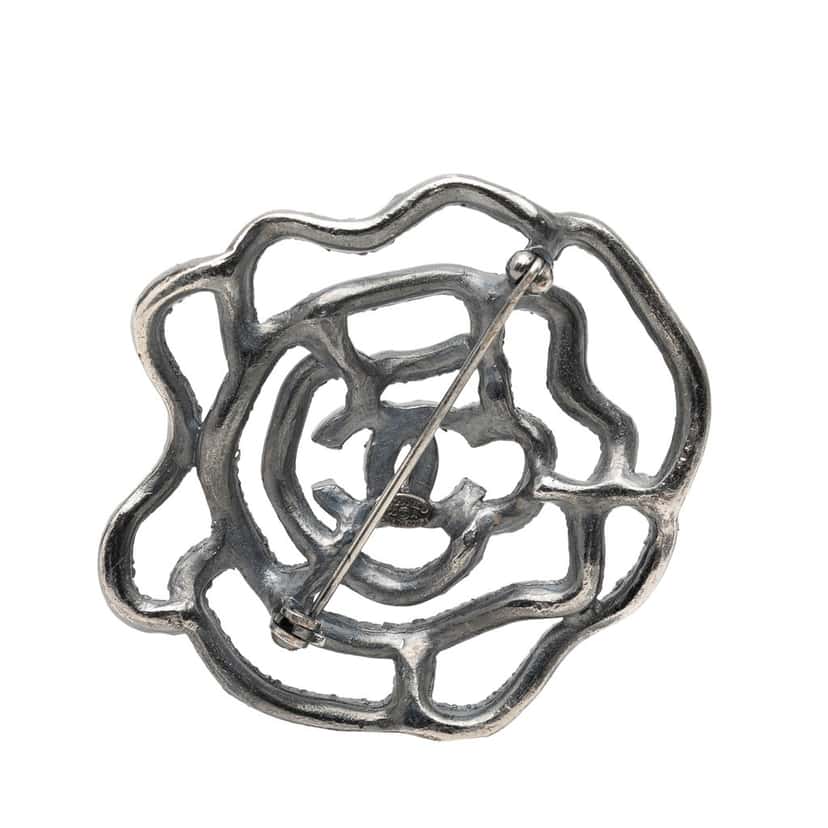 Chanel Brass and Strass Camelia Pin Brooch Silver Metal Very good condition - Back View
