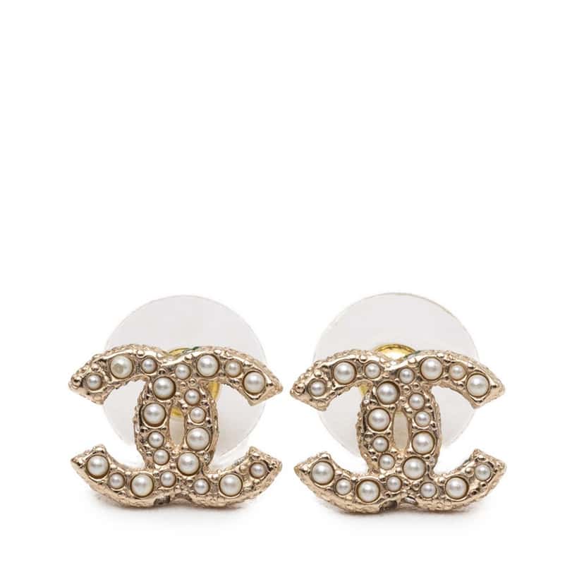 Chanel CC Gold Plated Faux Pearl Strass Bullet Backs Earrings Gold Metal Very good condition - Front View