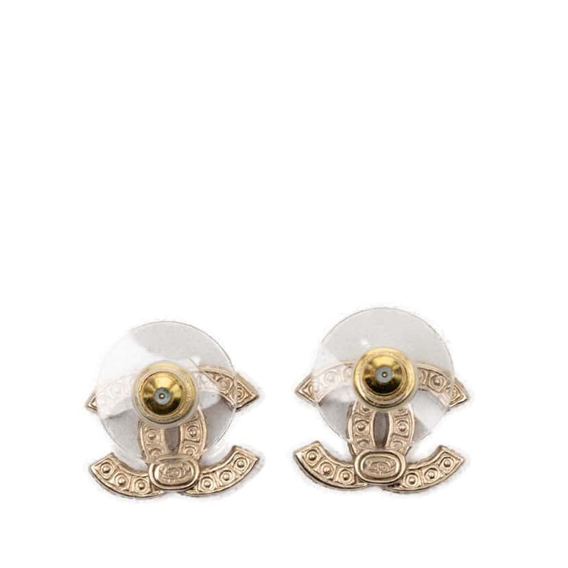 Chanel CC Gold Plated Faux Pearl Strass Bullet Backs Earrings Gold Metal Very good condition - Back View
