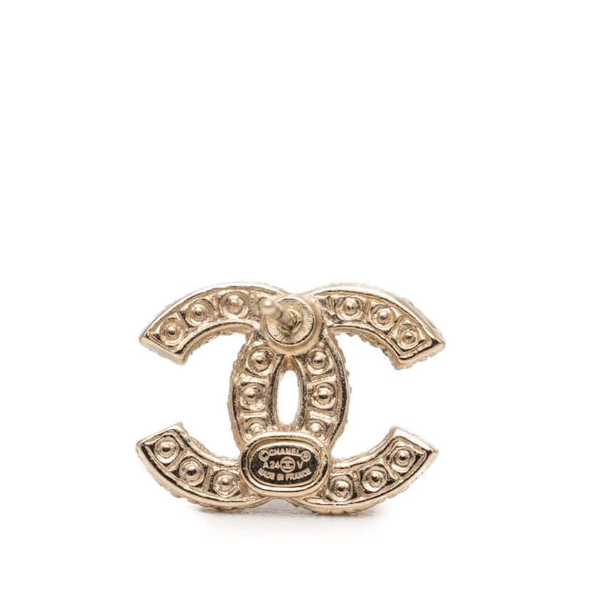 Chanel CC Gold Plated Faux Pearl Strass Bullet Backs Earrings Gold Metal Very good condition - Inside View