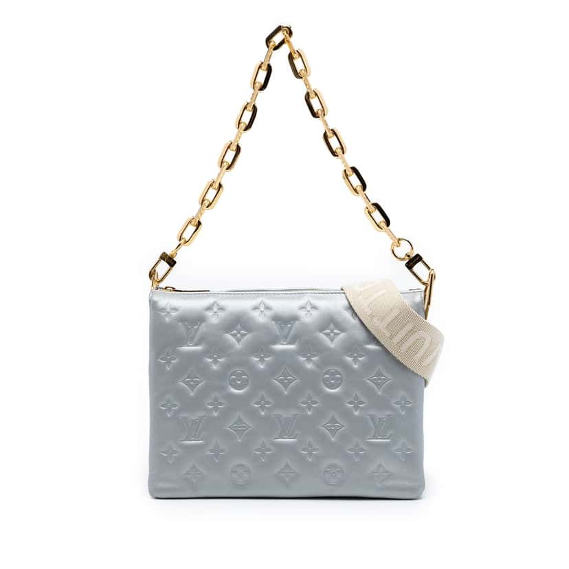 Louis Vuitton Monogram Embossed Puffy Lambskin Coussin PM Silver Leather Very good condition - Front View