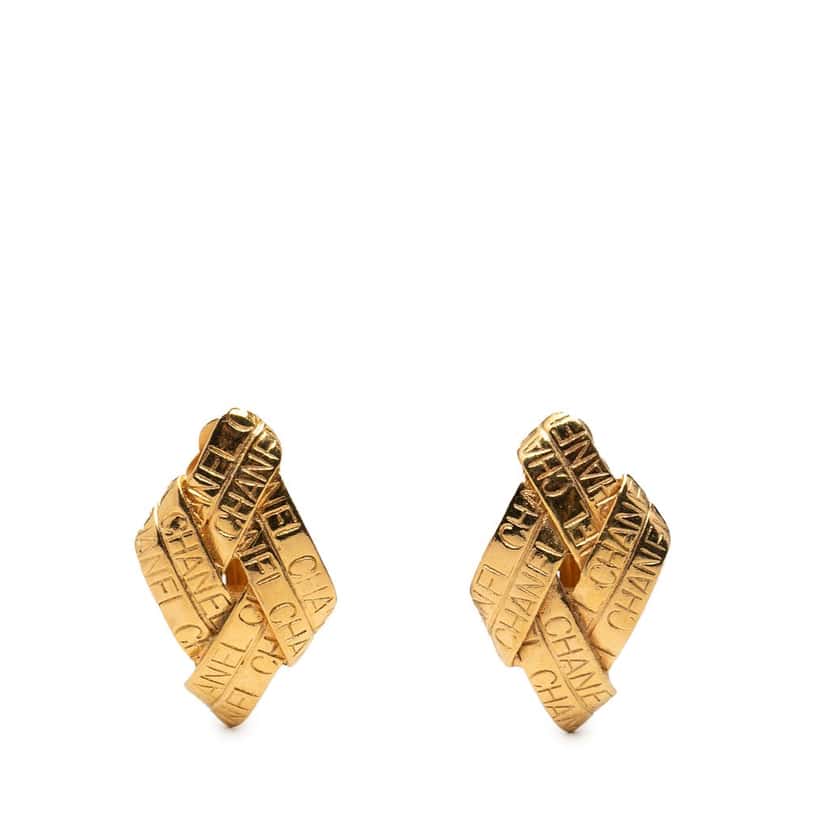 Chanel Gold Plated Logo Diamond Clip On Earrings Gold Metal Very good condition - Front View
