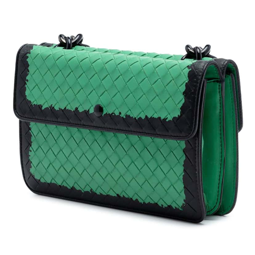 Bottega Veneta Bicolor Nappa Intrecciato Double Flap Shoulder Bag Green Leather Very good condition - Back View