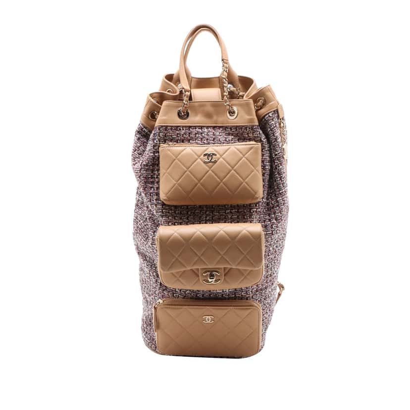 Chanel Tweed and Quilted Lambskin Multi Pocket Drawstring Backpack Beige Very good condition - Front View