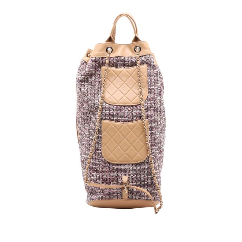 Chanel Tweed and Quilted Lambskin Multi Pocket Drawstring Backpack Beige Very good condition - Back View