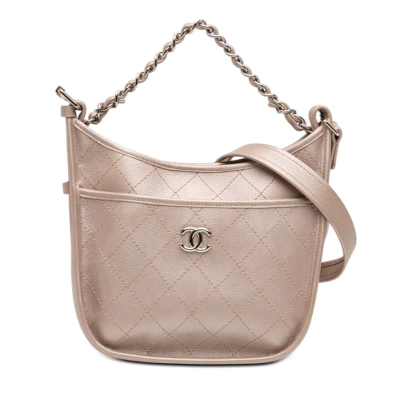 Chanel Small Quilted Metallic Calfskin Jungle Stroll Hobo Pink Leather Very good condition - Front View