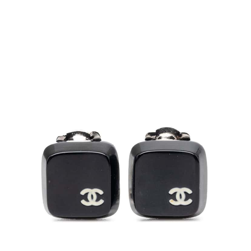 Chanel CC Resin Square Clip On Earrings Black Plastic Very good condition - Front View