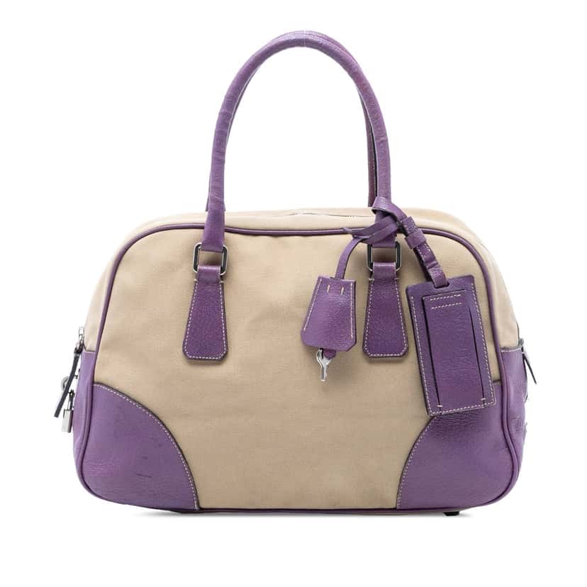 Prada Cinghiale Trimmed Canvas Canapa Bauletto Bag Beige Very good condition - Front View