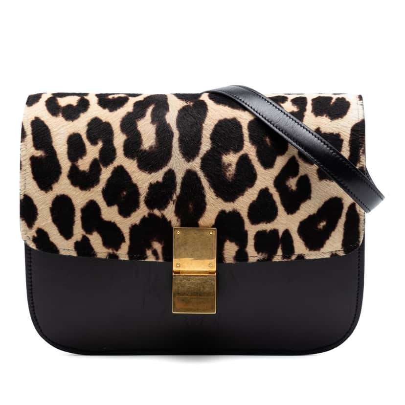 Celine Medium Calfskin and Leopard Print Pony Hair Classic Box Black Leather Very good condition - Front View