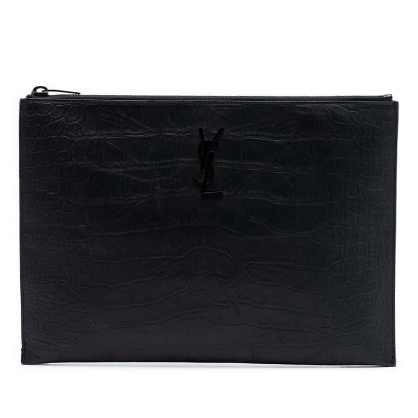 Saint Laurent Croc Embossed Leather Monogram Document Holder Black Leather Very good condition - Front View