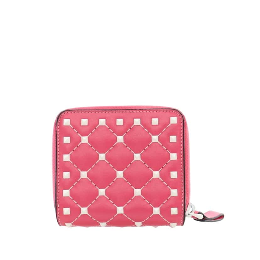 Valentino Quilted Lambskin Rockstud Zip Around Compact Wallet Pink Leather Very good condition - Front View