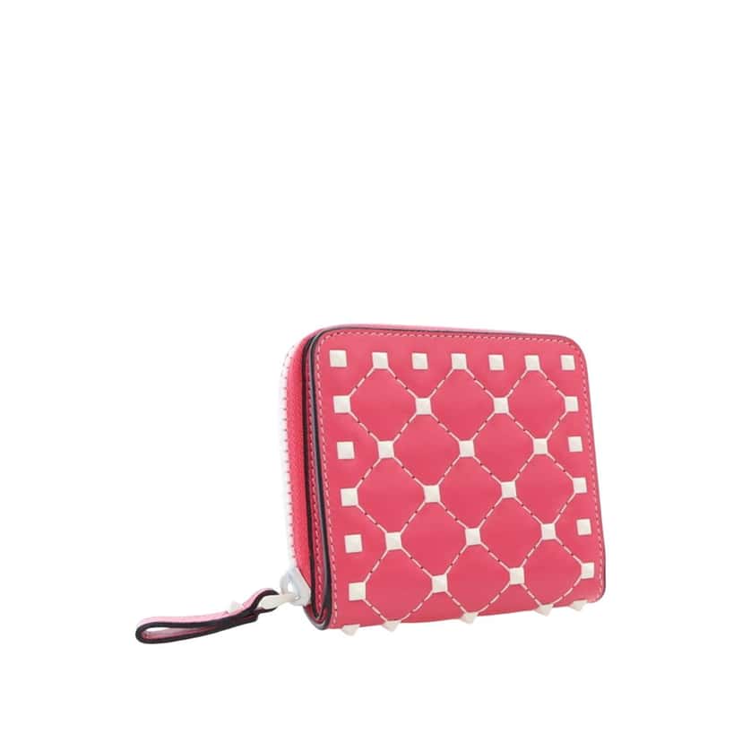 Valentino Quilted Lambskin Rockstud Zip Around Compact Wallet Pink Leather Very good condition - Back View