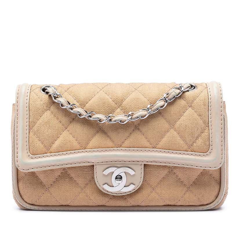 Chanel Medium Classic Canvas Lambskin Trimmed Double Flap Beige Very good condition - Front View