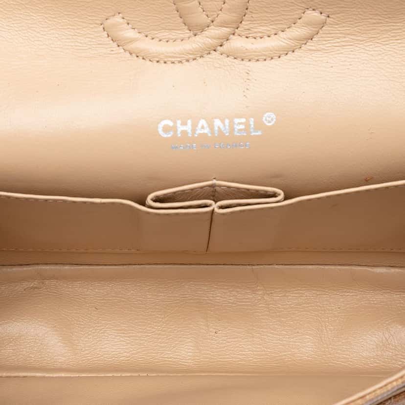 Chanel Medium Classic Canvas Lambskin Trimmed Double Flap Beige Very good condition - Model View