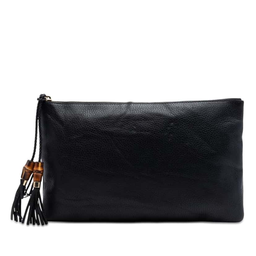 Gucci Calfskin Bamboo Tassel Clutch Black Leather Very good condition - Front View