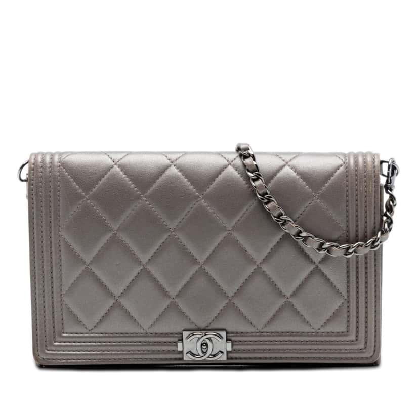 Chanel Quilted Metallic Lambskin Boy Clutch On Chain Brown Leather Very good condition - Front View