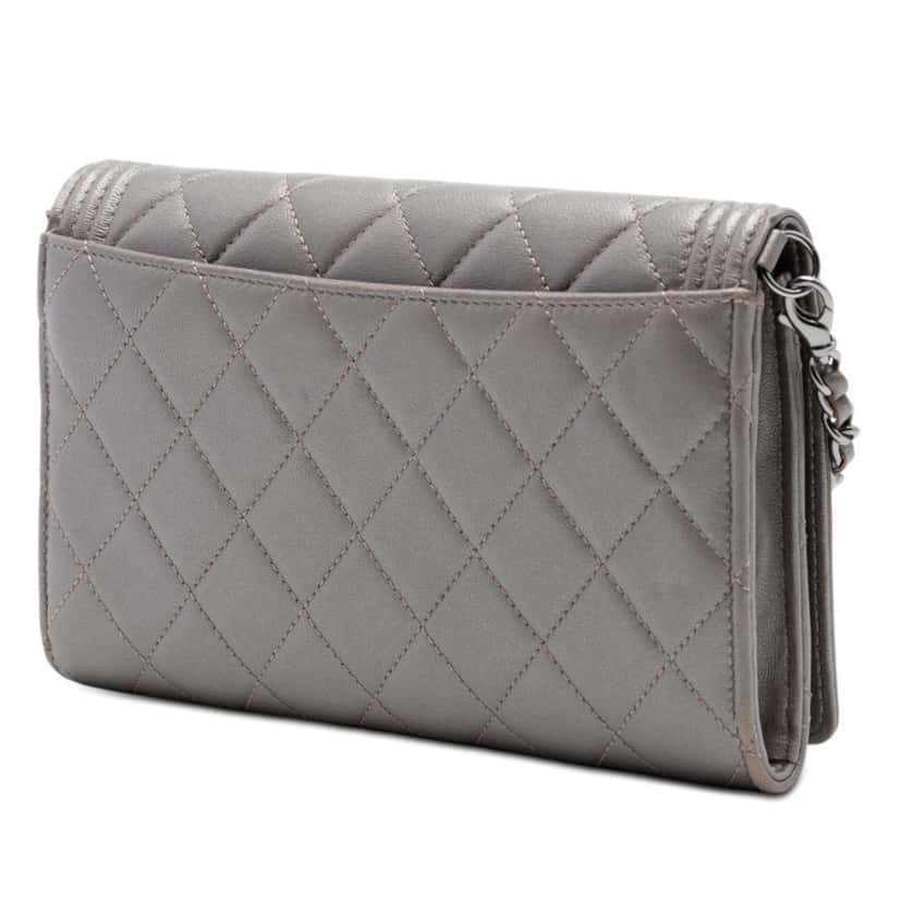 Chanel Quilted Metallic Lambskin Boy Clutch On Chain Brown Leather Very good condition - Back View