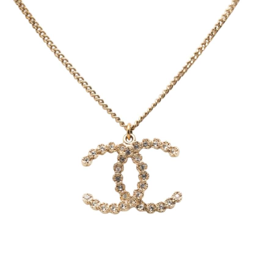 Chanel CC Brass and Strass Pendant Necklace Gold Metal Very good condition - Back View