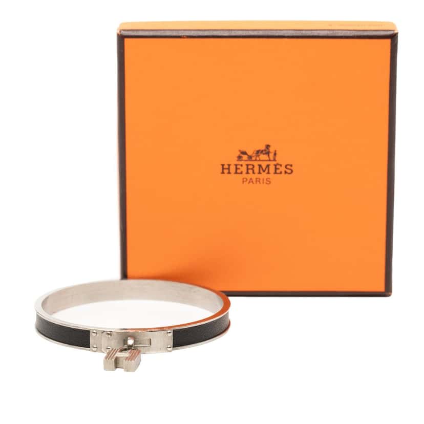 Hermès Leather Kelly Cadena Lock Bangle Bracelet Black Leather Very good condition - Box View
