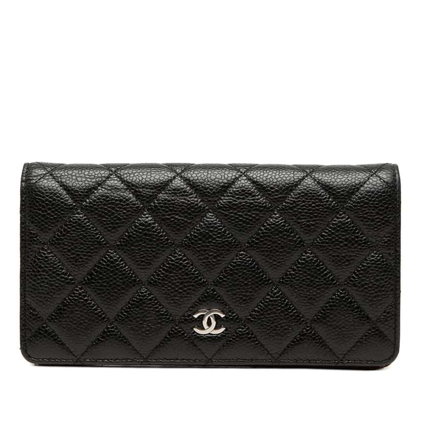 Chanel CC Quilted Caviar Yen Long Wallet Black Leather Very good condition - Front View