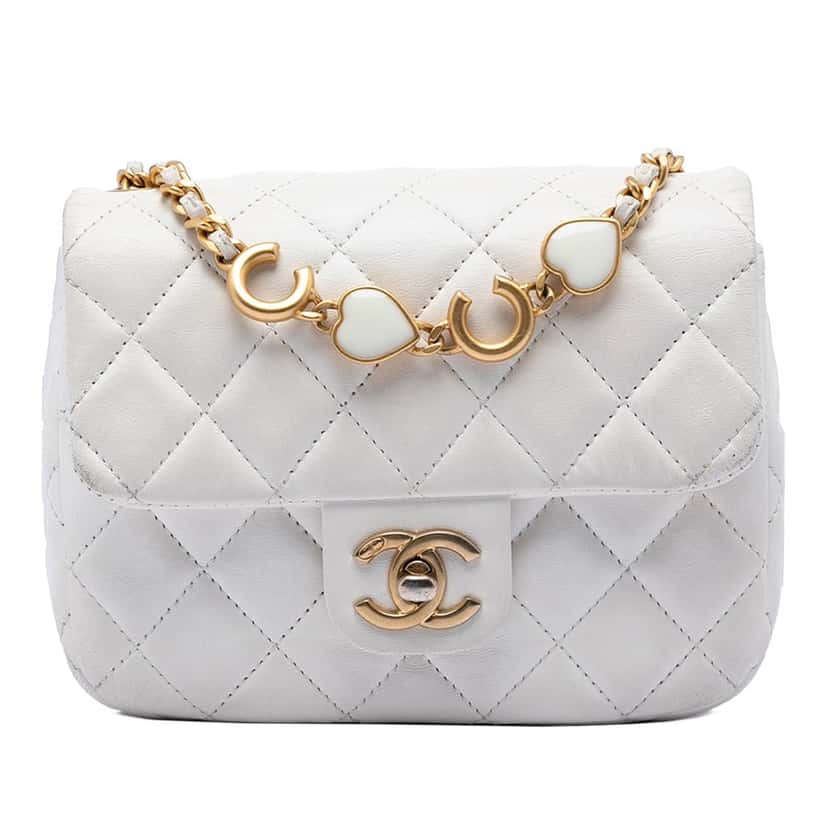 Chanel Mini Square Classic Lambskin Enamel Coco Hearts Single Flap White Leather Very good condition - Front View