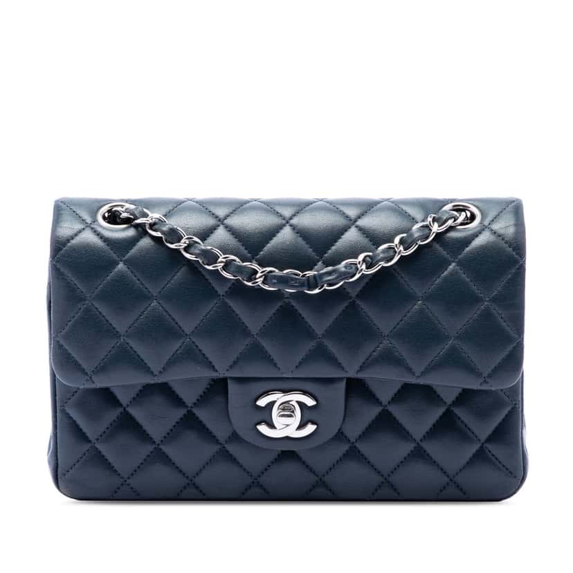 Chanel Small Classic Lambskin Double Flap Blue Leather Very good condition - Front View
