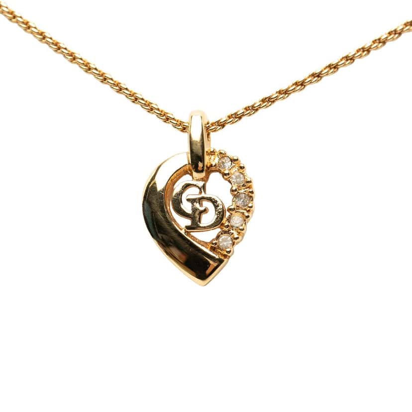 Dior Gold Plated Strass CD Logo Heart Pendant Necklace Gold Metal Very good condition - Back View