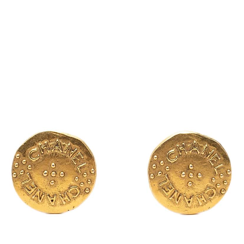 Chanel Gold Plated Logo Round Clip On Earrings Gold Metal Very good condition - Front View