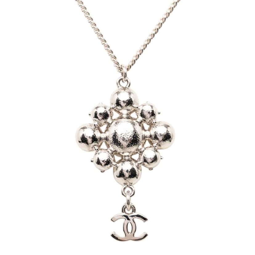 Chanel CC Brass Strass Pendant Necklace Silver Metal Very good condition - Back View