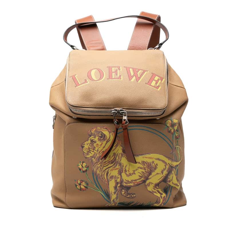 Loewe Paulas Ibiza Large Leather Lion and Floral Print Goya Backpack Brown Very good condition - Front View