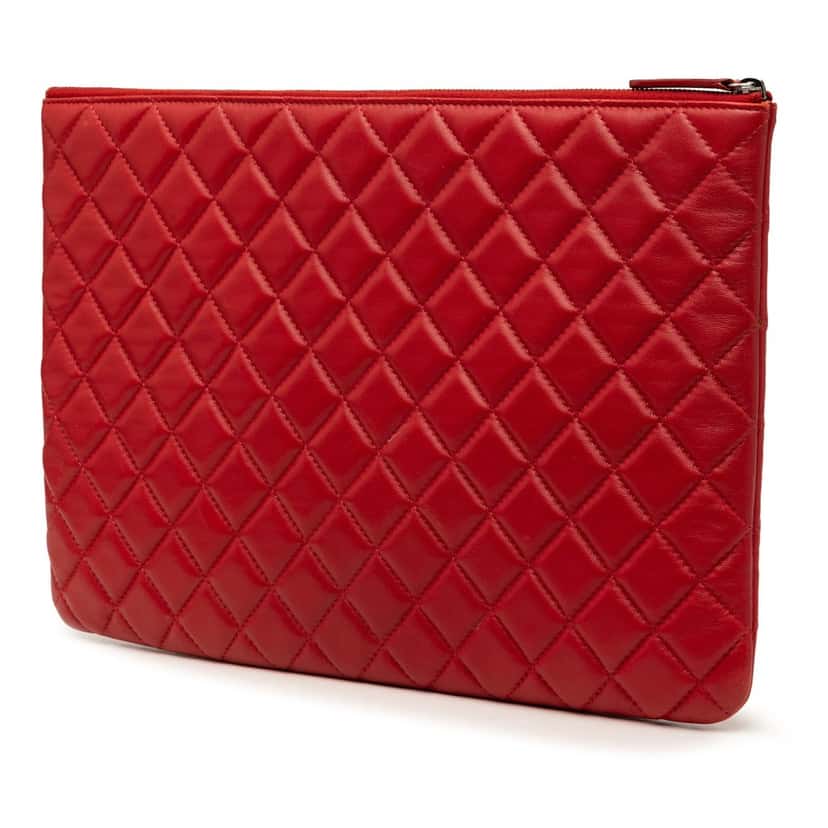 Chanel Large Quilted Lambskin O Case Clutch Red Leather Very good condition - Back View