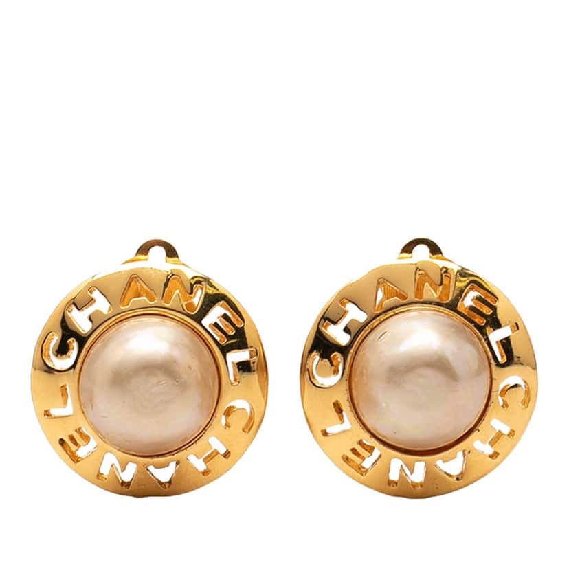 Chanel Gold Plated Faux Pearl Round Clip On Earrings Gold Metal Very good condition - Front View